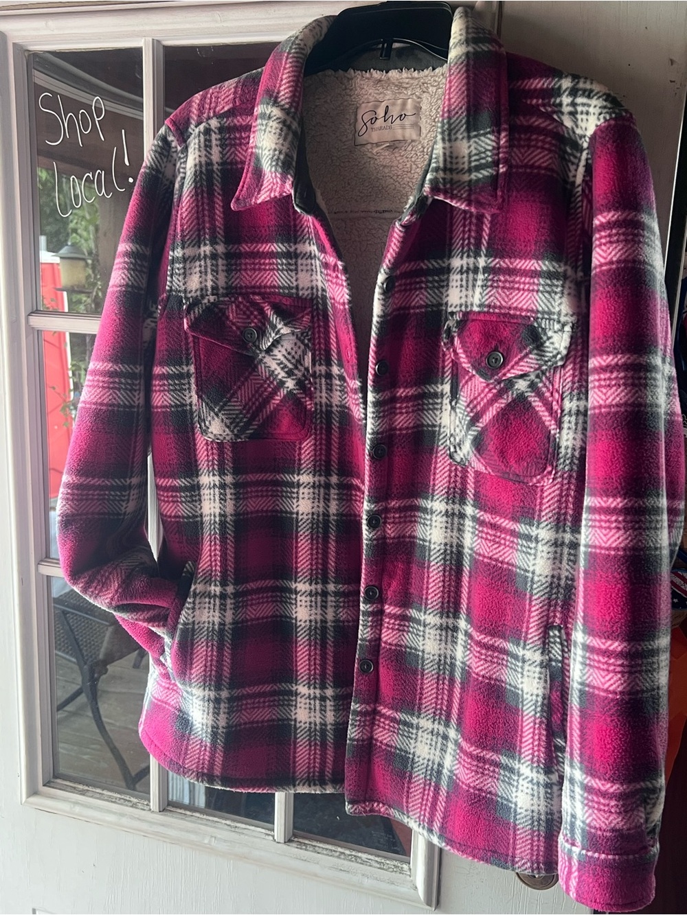 Ladies size XL- Soho Threads Pink and Red Fleece Lined Flannel shacket